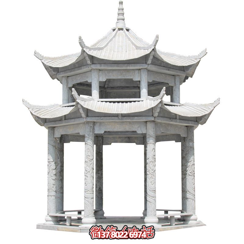 精美大理石雙層柱涼亭，雕塑點(diǎn)綴休息亭