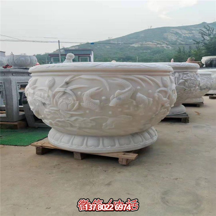 古典經典，漢白玉鯉魚雕刻圓形水缸